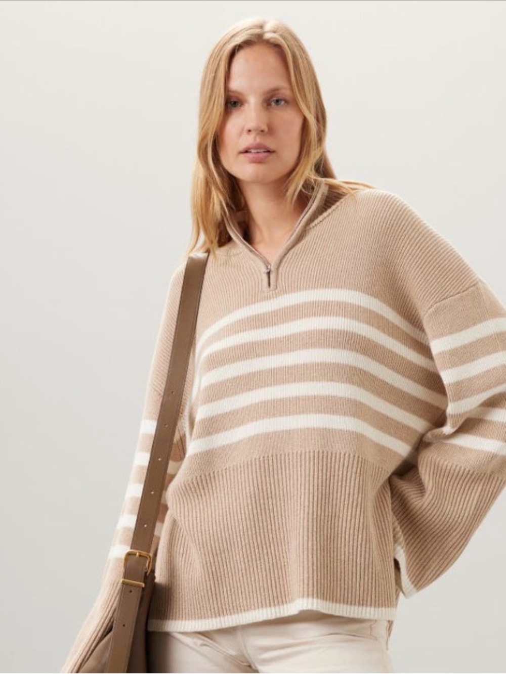 Rails Beige and White Striped Half-Zip Sweater